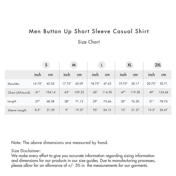 Size chart for Men Button Up Short Sleeve Casual Shirt