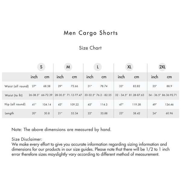 Size chart for Men Cargo Shorts