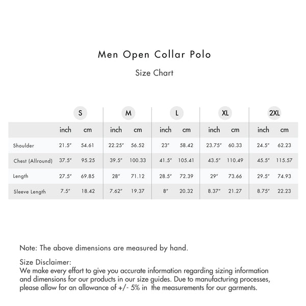 Size chart for Men Open Collar Polo Tee