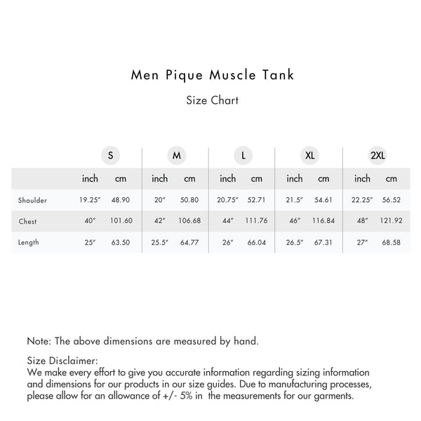 Size chart for Men Pique Muscle Tank Top