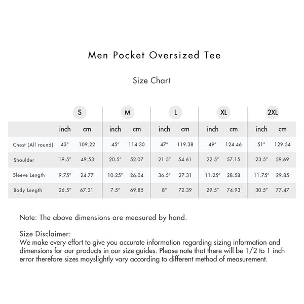 Size chart for Men Pocket Oversized Tee
