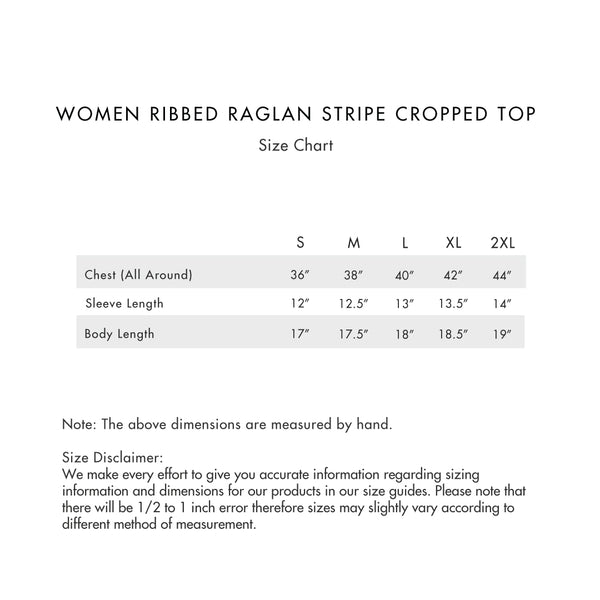 Size chart for Women Ribbed Raglan Stripe Cropped Top