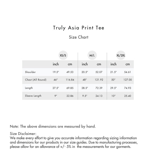 Size chart for Oxwhite x Loka Made Truly Asia Print Tee