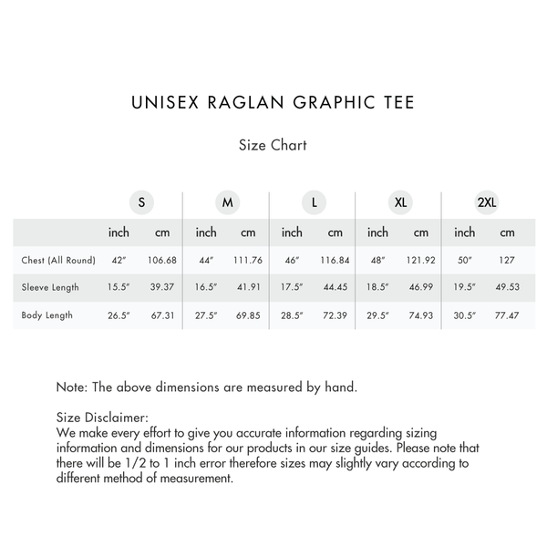 Size chart for Unisex Raglan Graphics Tee