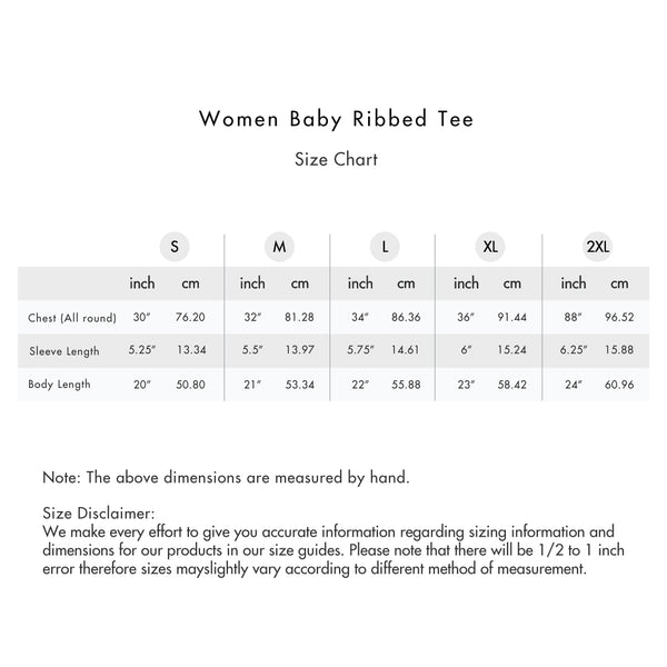 Size chart for Women Baby Ribbed Tee