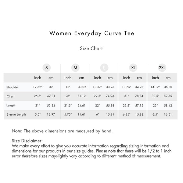 Size chart for Women Everyday Curve Tee