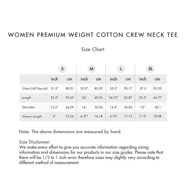 Size chart for Women Premium Weight Cotton Crew Neck Tee (New Colour)
