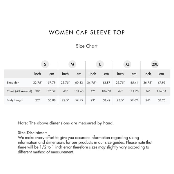 Size chart for Women Cap Sleeve Top (Seasonal)