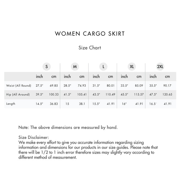 Size chart for Women Cargo Skirt