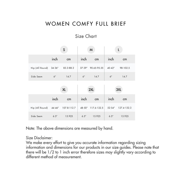 Size chart for Women Comfy Full Brief (2 in 1 Pack)