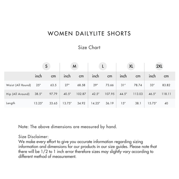 Size chart for Women DailyLite Shorts