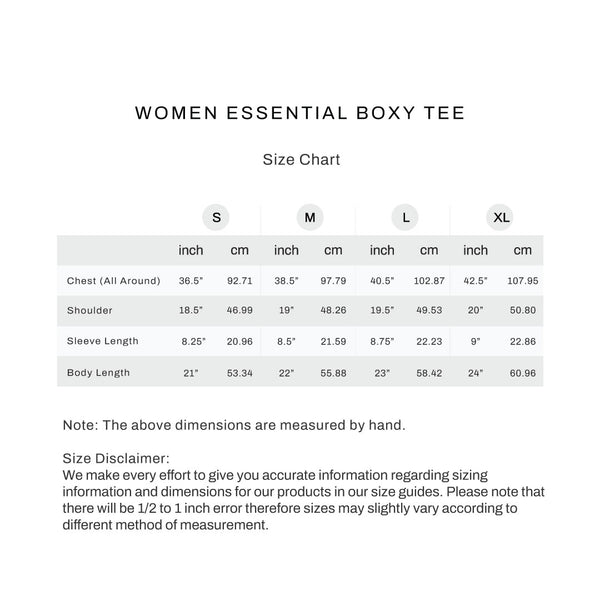 Size chart for Women Essential Boxy Tee