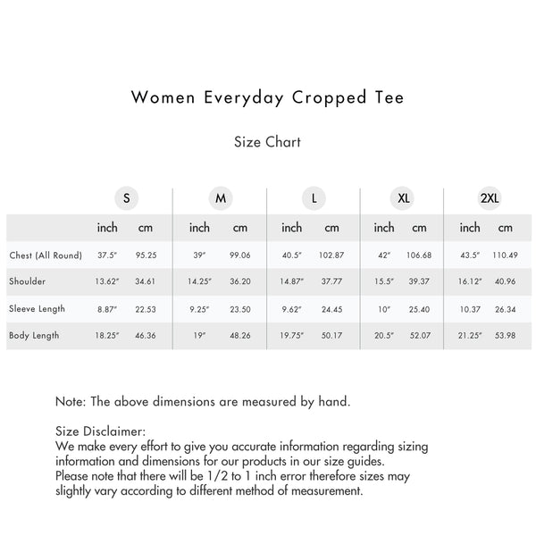 Size chart for Women Everyday Cropped Tee