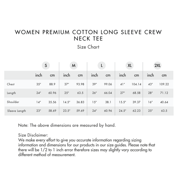 Size chart for Women Premium Long Sleeve Crew Neck Tee