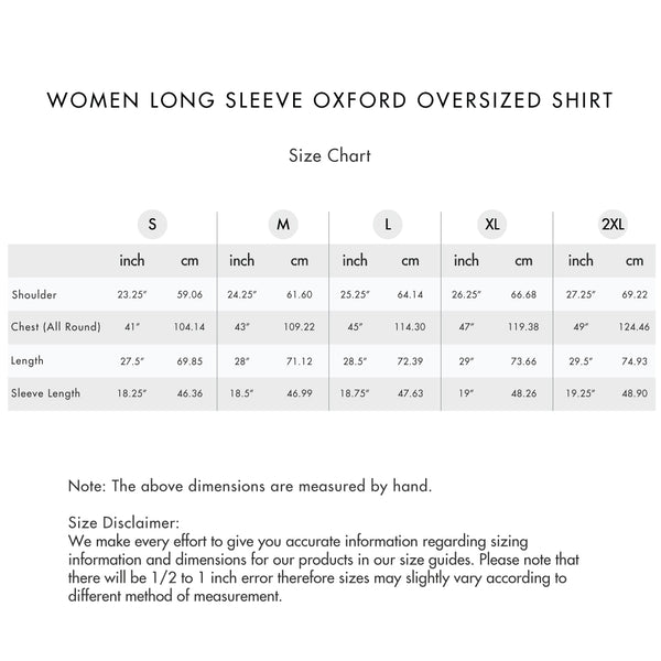 Size chart for Women Long Sleeve Oxford Oversized Shirt