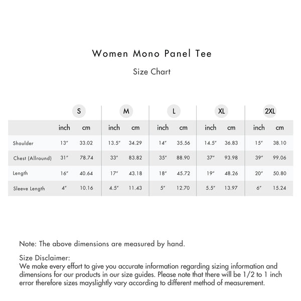 Size chart for Women Mono Panel Tee
