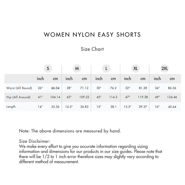 Size chart for Women Nylon Easy Shorts