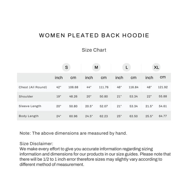 Size chart for Women Pleated Back Hoodie