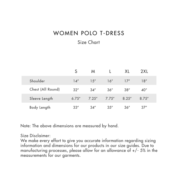 Size chart for Women Polo T-Dress