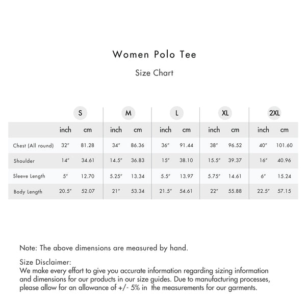 Size chart for Women Plain Polo Tee