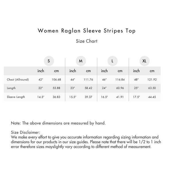 Size chart for Women Raglan Sleeve Stripes Top