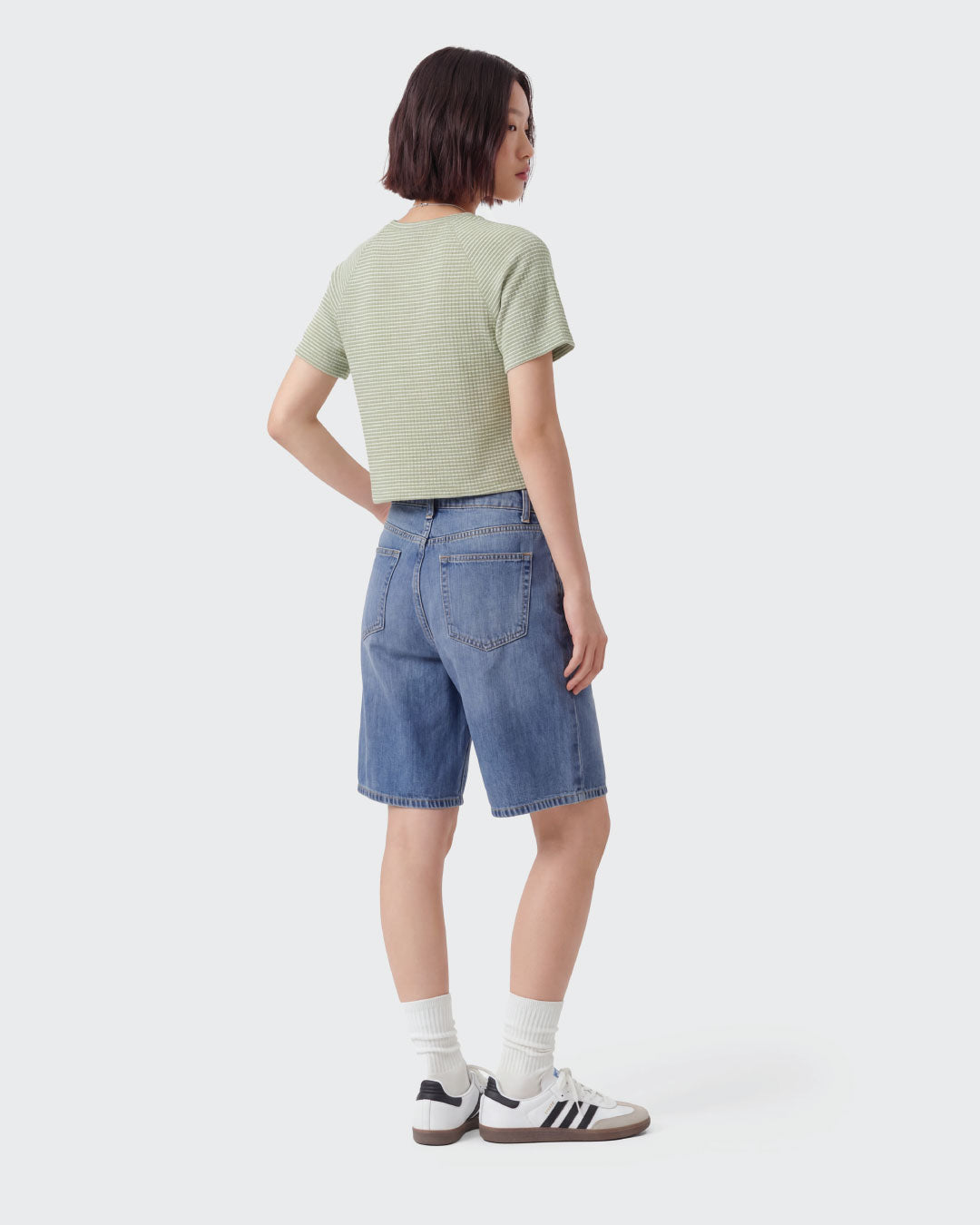 Women Ribbed Raglan Stripe Cropped Top