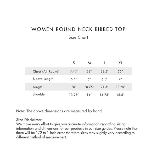 Size chart for Women Round Neck Ribbed Top