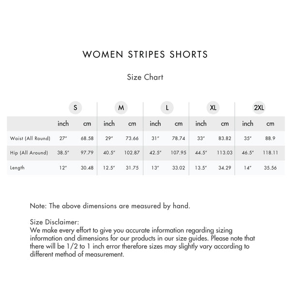 Size chart for Women Stripe Shorts