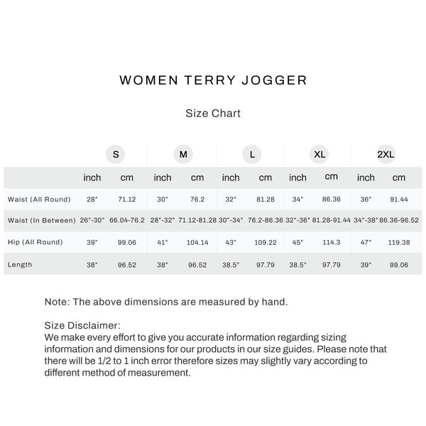 Size chart for Women Terry Jogger