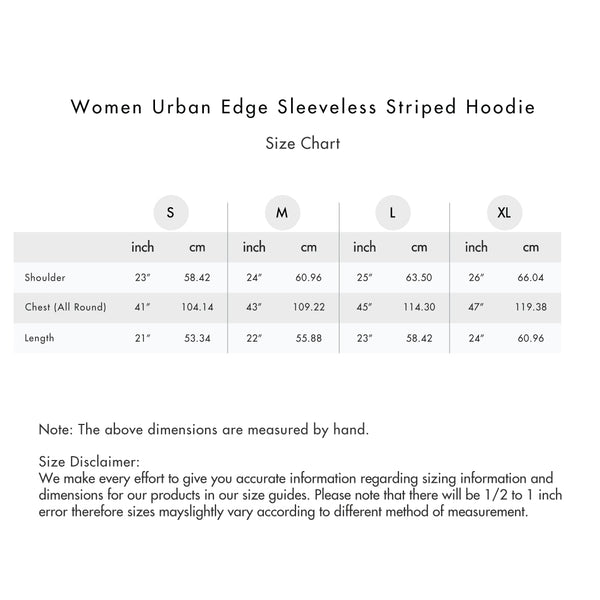 Size chart for Women Urban Edge Sleeveless Hoodie