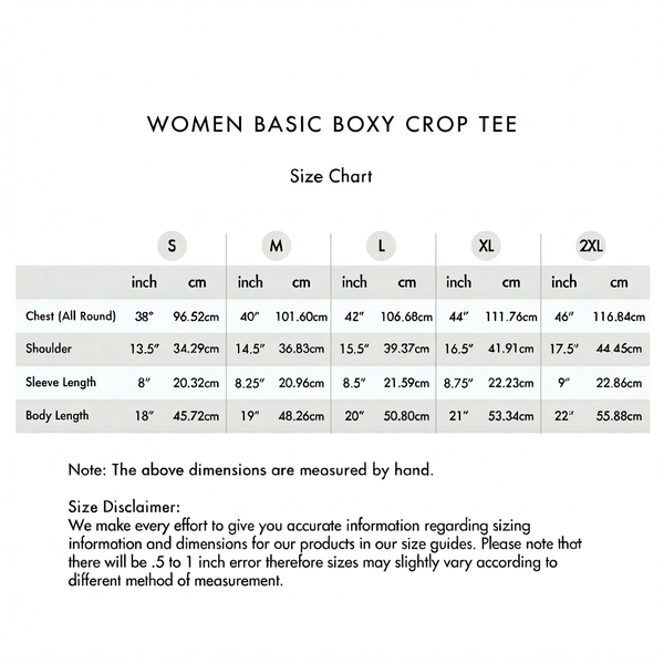 Size chart for Women Basic Boxy Crop Tee
