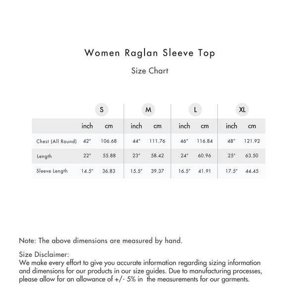Size chart for Women Raglan Sleeve Top