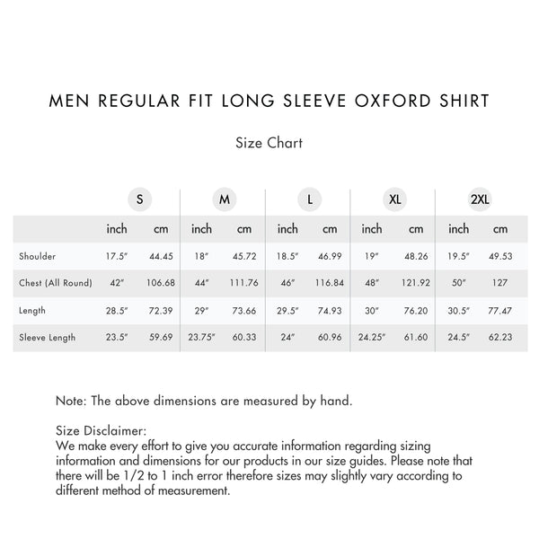 Size chart for Men Regular Fit Long Sleeve Oxford Shirt