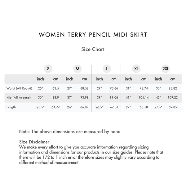 Size chart for Women Terry Pencil Midi Skirt