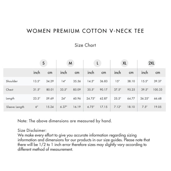 Size chart for Women Premium Cotton V-Neck Tee