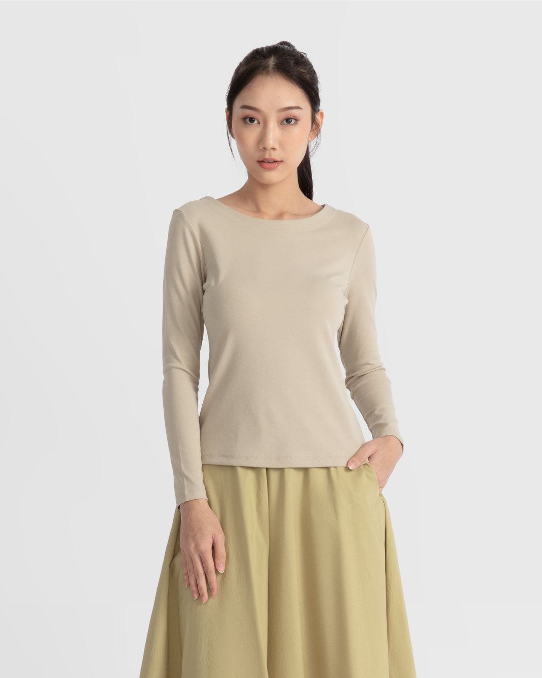 Women Boatneck Long Sleeve Fitted Top